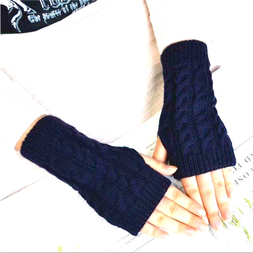 Navy Blue Winter Fingerless Glove Thumbhole Arm Warmers